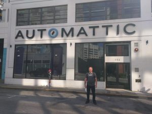 Russell Aaron in front of the Automattic headquarters, in San Francisco, California